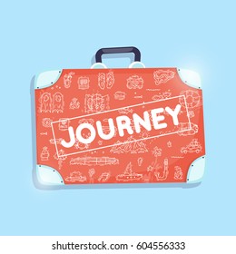 World Travel suitcase. Hand drawn. Planning summer vacations, holiday, journey, set of icons. Tourism and vacation theme. Flat design vector illustration.