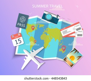 World Travel, Summer Vacation Road Trip illustration in flat design. EPS 10. Colorful.