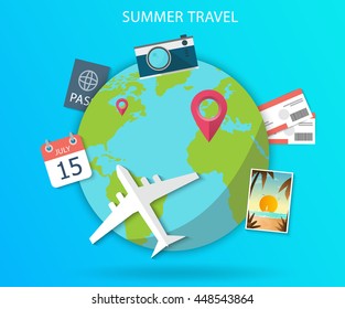World Travel, Summer Vacation Road Trip illustration in flat design. EPS 10. Colorful.