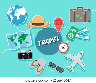 World travel. top view of global map and baggage for vacation. concept of vacation with location symbol, passport, ticket, airplane, luggage, maps, camera, sandal, hat and compass. flat design vector