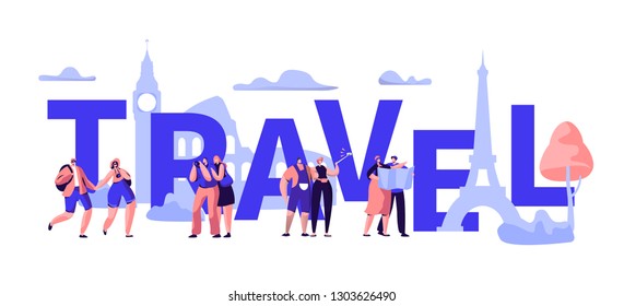 World Travel Tour Business Typography Banner Design. Holiday Trip International Sale Offer Promotion. Tourism Voyage Advertising Concept Horizontal Poster Design Flat Cartoon Vector Illustration