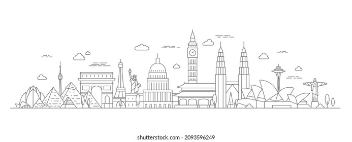 World travel tour line concept with famous culture landmark. Tourism journey places, countries and cities ancient monuments vector landscape. Illustration of travel monument drawing