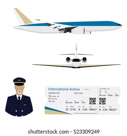 World travel and tourism concept. Airline boarding pass ticket with QR2 code design template, professional pilot avatar and airplane flying in the sky.