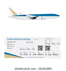 World travel and tourism concept. Airline boarding pass ticket with QR2 code design template  and airplane flying in the sky.