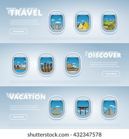 World travel and tourism concept flat vector. Famous world buildings. World travel landmark and famous travel place. Vacation travel architecture in cartoon style