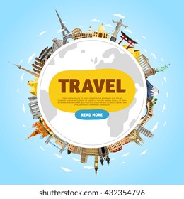 World travel and tourism concept flat vector. Famous world buildings. World travel landmark and famous travel place. Vacation travel architecture in cartoon style