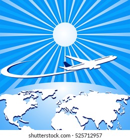 World travel and tourism design logo concept. A passenger plane flies over the earth in the sun.