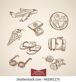 World Travel Tourism Vacation Cruise Icon Set. Engraving Style Pen Pencil Crosshatch Hatching Paper Painting Retro Vintage Vector Lineart Illustration. Plane Globe Money Ice Cream Bag Slippers Glasses