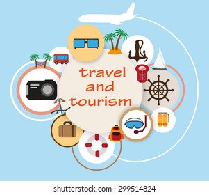 World Travel.  Tourism and vacation theme. Flat design vector illustration. Material design.