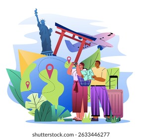 World travel tourists. Man and woman taking pictures of landmarks. Holiday and vacation, trip and tourism. Airplane, Egyptian pyramid and statue of liberty. Flat vector illustration