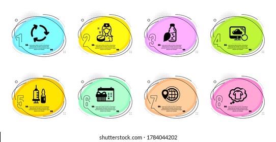 World travel, T-shirt and Christmas calendar signs. Timeline infographic. Water bottle, Recycling and Medical vaccination line icons set. Recovery cloud, Nurse symbols. Vector