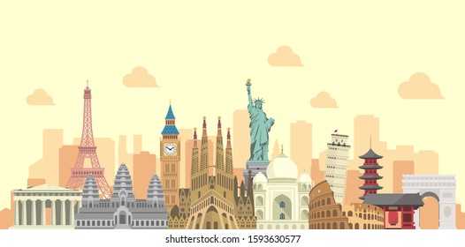 world travel vector banner  illustration ( world famous buildings  world heritage ) 