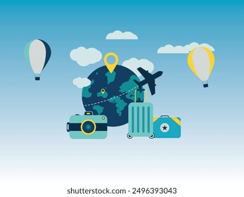 world travel vector illustration of a travel concept called globetrotting a plane travel through all famous international cities