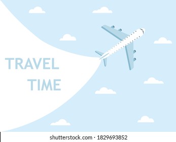 World travel vector illustration. Plane flying in sky. Time to travel concept. Airplane blue symbol.
