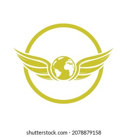 Diseño del logo vectorial de las alas de viaje del mundo. Diseño vectorial de iconos de ala y globo.	