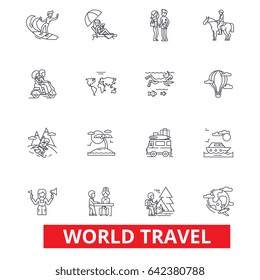 World travel, winter tourism, skiing, diving, flight, summer beach vacation line icons. Editable strokes. Flat design vector ill