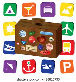 A world traveler retro vintage brown leather suitcase, with world stickers and stamps, isolated over a white background, with travel holiday icons