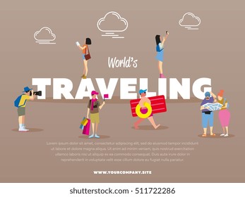 World traveling banner with people vector illustration. Tourist with backpack. Family travelers, active recreation, hiking. Couple of journey. Girl making selfie. Trip and vacation. Man with camera