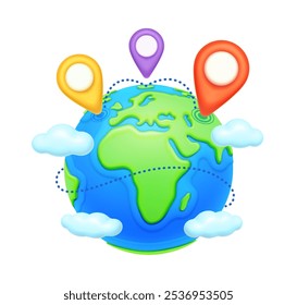 Mapa viajante do mundo com pontos de navegação, globo terrestre e sinais gps em design 3D. Mundo moderno e cartografia, mar e oceano, terra e continentes. Ilustração do vetor de marcadores de destino