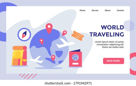 World traveling pointer location spread on earth campaign for web website home homepage landing page template banner with flat style.