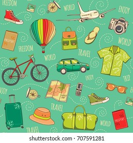 World traveling vector seamless pattern. Green sepia background with hand drawn vacation elements. Journey design illustration with transport, bags, clothes, maps, passports, cameras and compasses