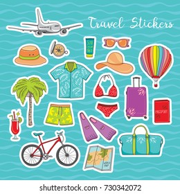 World traveling vector stickers. Hand drawn vacation elements for labels and tags design. Journey details on blue sea waves background