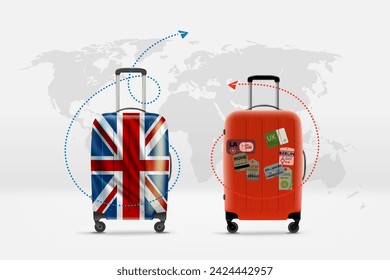 World travelling concept with red and britain bags. 3d vector illustration