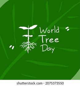 texto de "día del árbol del mundo" escrito a mano.con icono de planta aislado en fondo de hoja verde