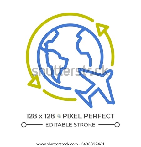 World trip two color line icon. Plane flight. Moving abroad. Overseas trip. International airline service bicolor outline symbol. Duotone linear pictogram. Isolated illustration. Editable stroke