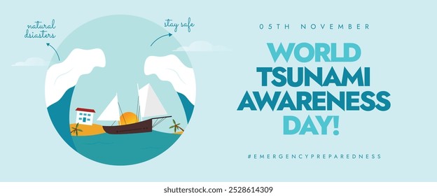 World Tsunami Awareness Day 05th November cover banner. Tsunami day cover banner with a small village affected by giant sea waves. The day raise awareness and preparedness against tsunamis.