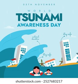 World Tsunami Awareness Day. 5th November Tsunami day awareness banners with buildings, people affected by giant water waves. The day raise awareness of preparations,  dangerous effects of tsunamis.