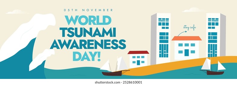 World Tsunami Awareness Day. 5th November Tsunami day awareness cover banner, post with city view of buildings affected by flood, giant sea waves. The day focuses to be prepared for natural disasters.