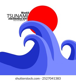 World Tsunami Awareness Day to celebrate on November 5th. Illustration of a tsunami and red sun on a white background.