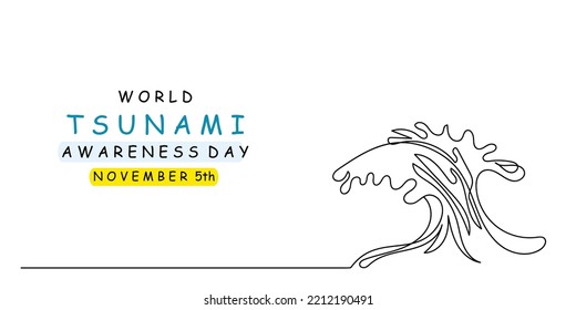 World Tsunami awareness day line art poster. Natural disasters. November day. World observances. Continuous water wave. Huge surge of waves. Indian tsunami isolated contour. Line art postcard
