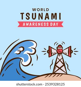 World tsunami awareness day poster background. Tsunami hand drawn illustration. Doodle vector icon of tidal wave natural disaster.