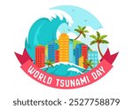 World Tsunami Awareness Day Vector Illustration on November 5, featuring Waves Crashing into Houses, Trees, and Buildings in a Flat Style Background