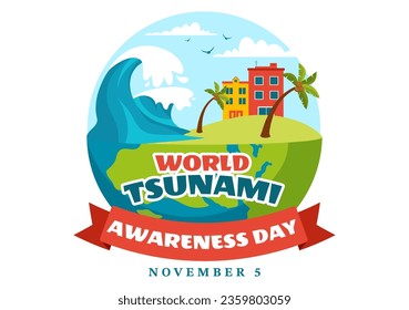 World Tsunami Awareness Day Vector Illustration on 5 November with Waves Hitting Houses and Building Landscape  in Flat Cartoon Background Templates
