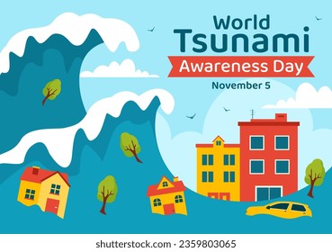 World Tsunami Awareness Day Vector Illustration on 5 November with Waves Hitting Houses and Building Landscape  in Flat Cartoon Background Templates
