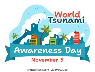 World Tsunami Awareness Day Vector Illustration on 5 November with Waves Hitting Houses and Building Landscape  in Flat Cartoon Background Templates
