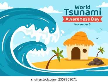 World Tsunami Awareness Day Vector Illustration on 5 November with Waves Hitting Houses and Building Landscape  in Flat Cartoon Background Templates
