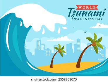 World Tsunami Awareness Day Vector Illustration on 5 November with Waves Hitting Houses and Building Landscape  in Flat Cartoon Background Templates
