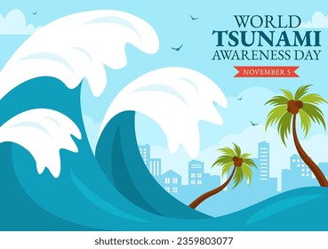 World Tsunami Awareness Day Vector Illustration on 5 November with Waves Hitting Houses and Building Landscape  in Flat Cartoon Background Templates

