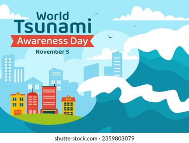 World Tsunami Awareness Day Vector Illustration on 5 November with Waves Hitting Houses and Building Landscape  in Flat Cartoon Background Templates
