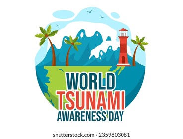 World Tsunami Awareness Day Vector Illustration on 5 November with Waves Hitting Houses and Building Landscape  in Flat Cartoon Background Templates
