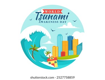 World Tsunami Awareness Day Vector Illustration on November 5, featuring Waves Crashing into Houses, Trees, and Buildings in a Flat Style Background