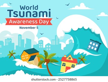 Ilustração vetorial do Dia Mundial da Consciência do Tsunami em 5 de novembro, apresentando ondas batendo em casas, árvores e prédios em um plano de fundo de estilo plano