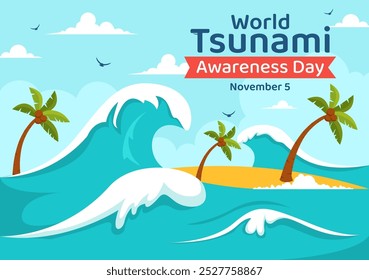 World Tsunami Awareness Day Vector Illustration on November 5, featuring Waves Crashing into Houses, Trees, and Buildings in a Flat Style Background