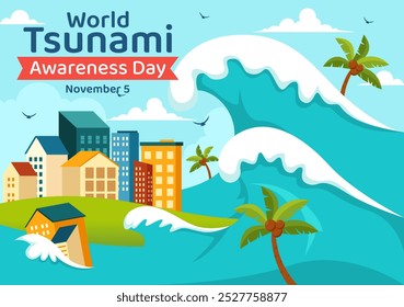 Ilustración vectorial del Día Mundial de Concientización sobre el Tsunami el 5 de noviembre, con olas chocando contra casas, árboles y edificios en un fondo de estilo plano