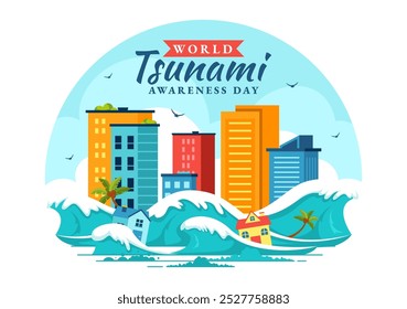 World Tsunami Awareness Day Vector Illustration on November 5, featuring Waves Crashing into Houses, Trees, and Buildings in a Flat Style Background