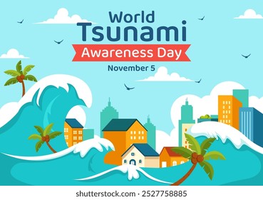 World Tsunami Awareness Day Vector Illustration on November 5, featuring Waves Crashing into Houses, Trees, and Buildings in a Flat Style Background